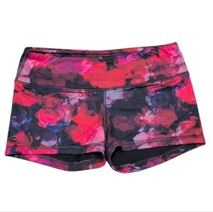 FLEO CrossFit Spandex Workout Shorts 2.5" Midrise Red Floral Rose Print Small